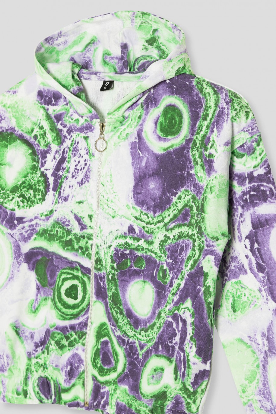 Zielono-fioletowa rozpinana bluza dresowa z nadrukiem tie dye - 40720