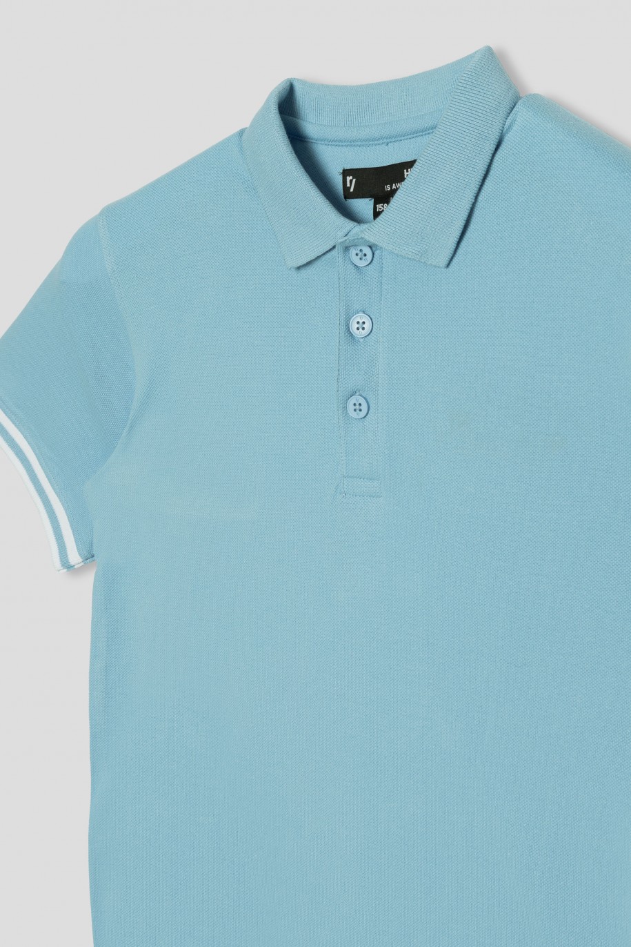 Niebieska koszulka polo z paskami na rękawach - 40795
