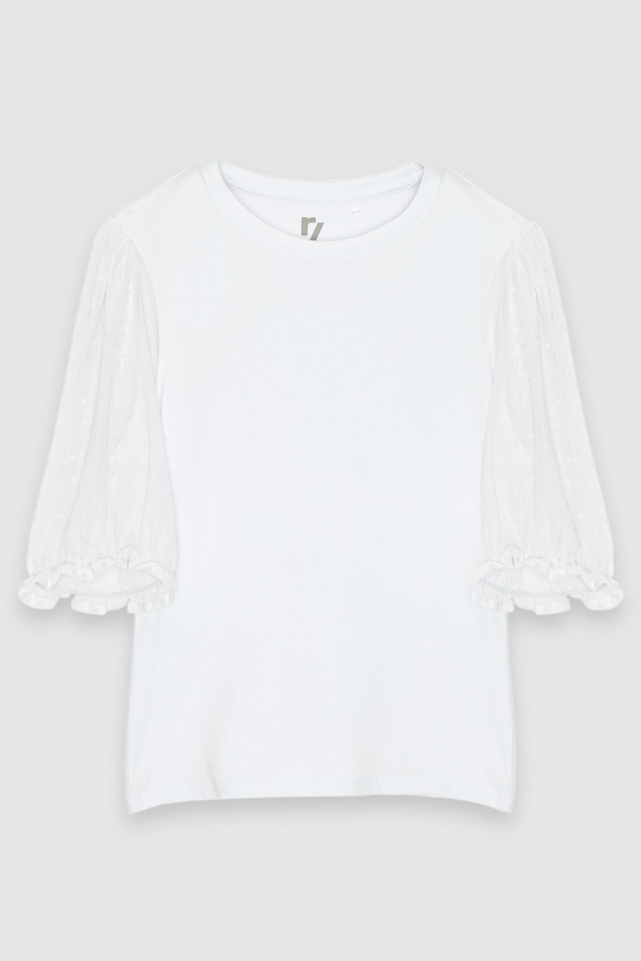 Biała bluzka z ozdobnymi bufiastymi rękawami - 40893