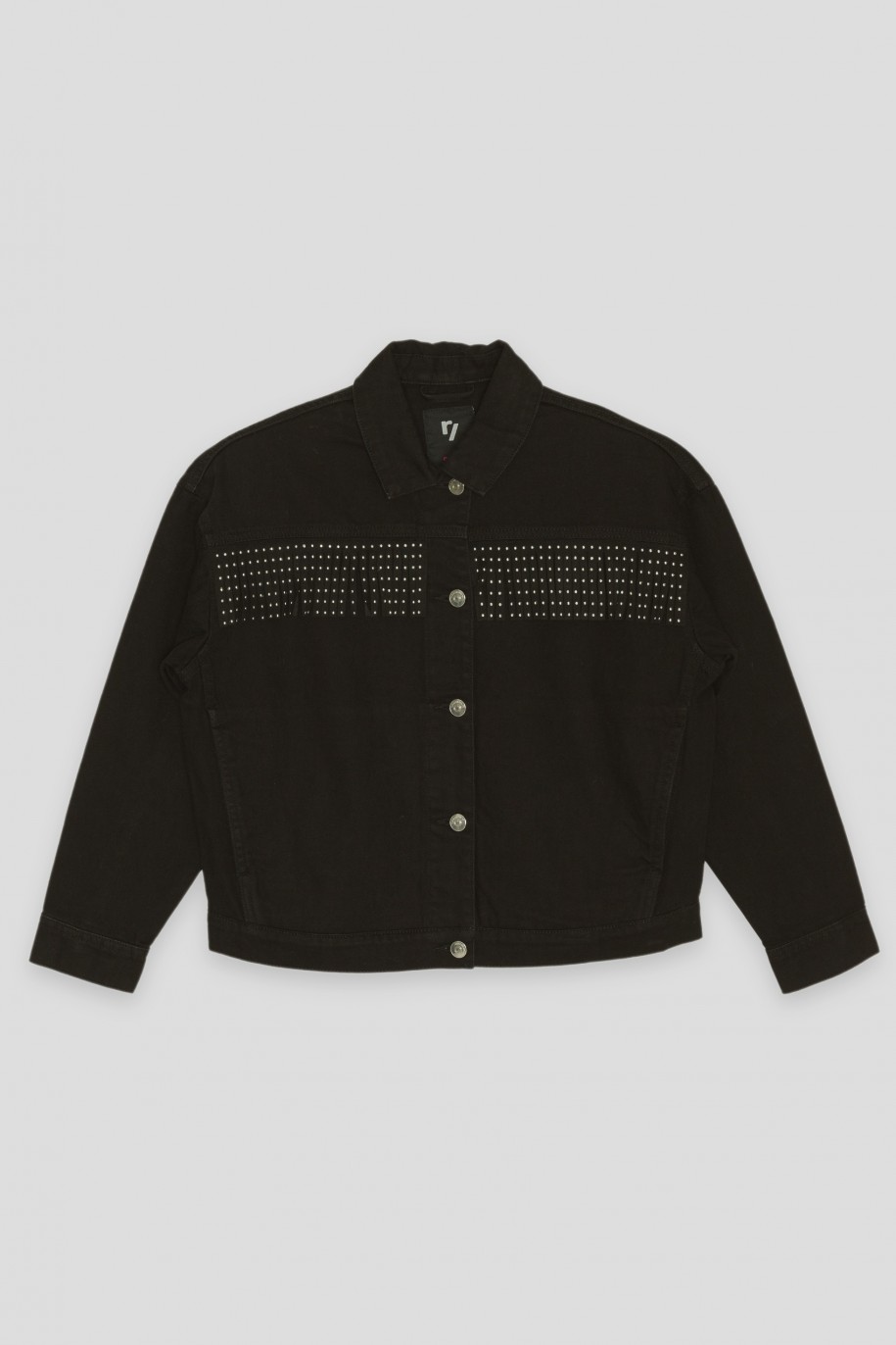 Czarna jeansowa kurtka przejściowa z ozdobnymi frędzlami - 40917