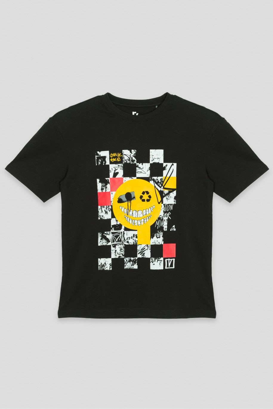 Czarny T-shirt oversize z motywem szachownicy - 40983