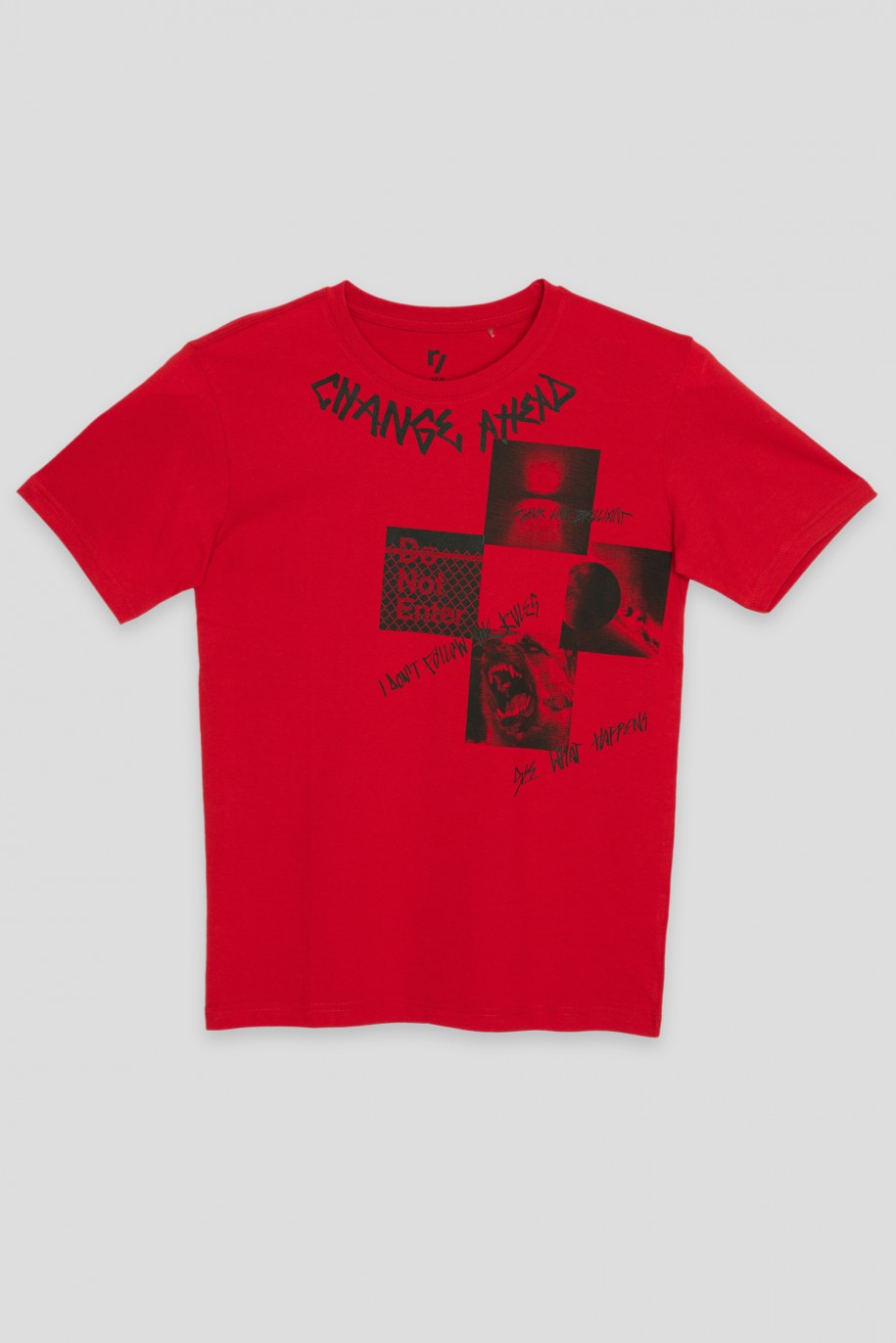 Czerwony T-shirt z motywem szachownicy - 41002