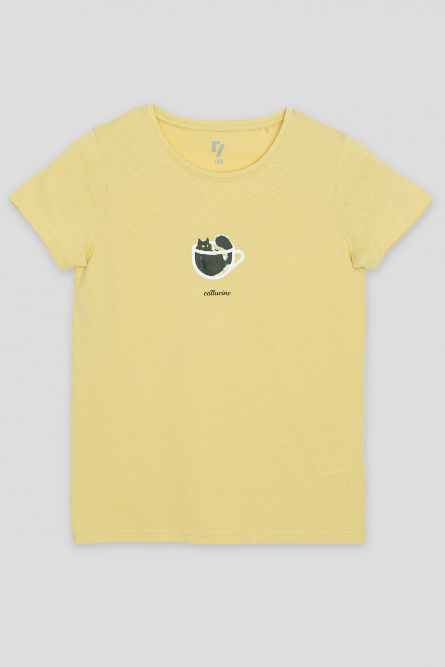 Żółty T-shirt z nadrukiem z kotem - 41010