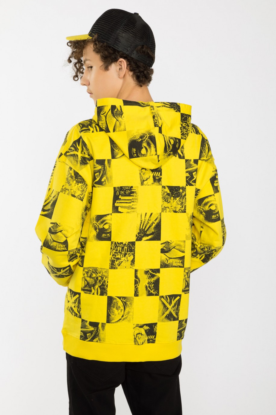 Żółta bluza dresowa oversize z kapturem z motywem szachownicy - 41050