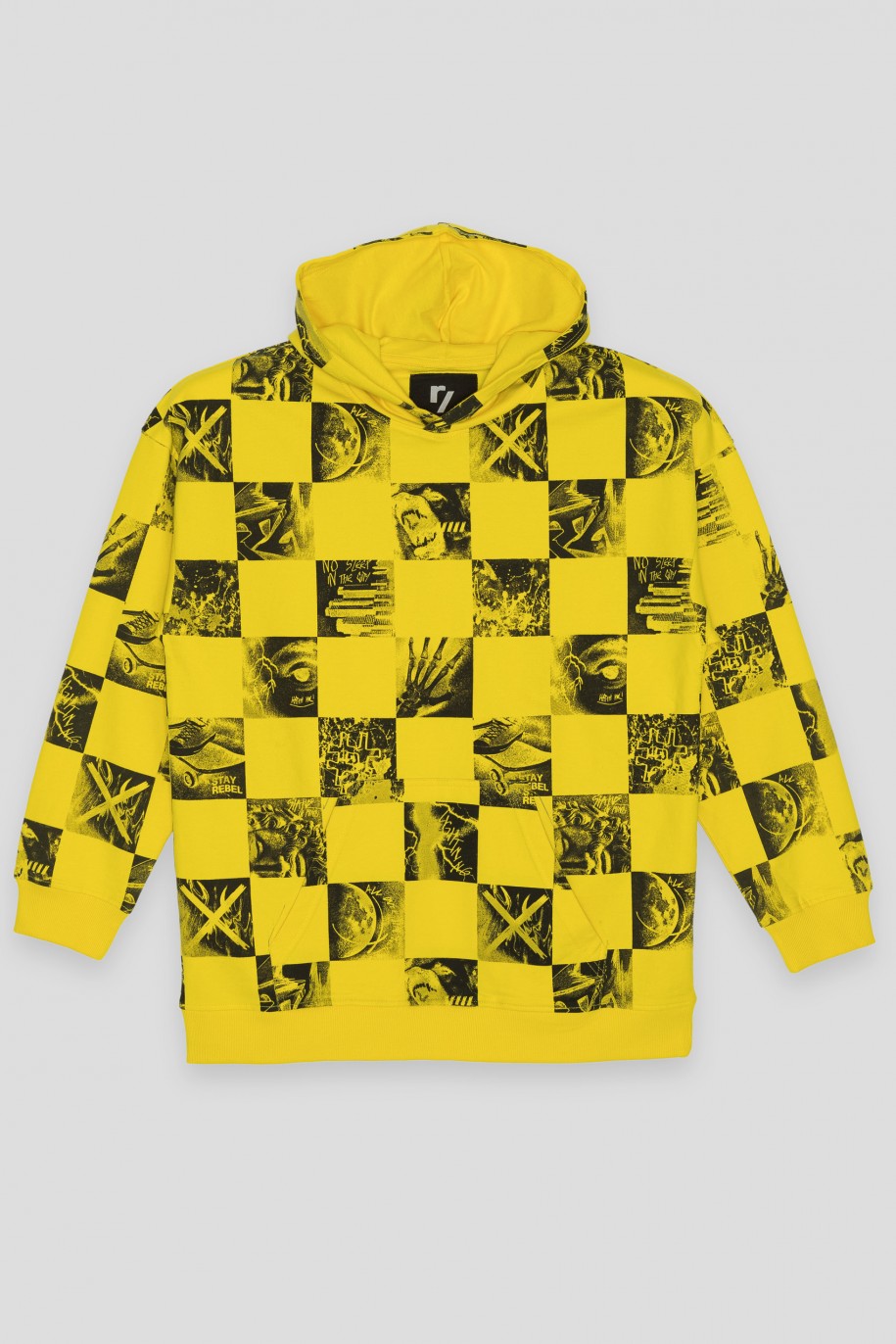 Żółta bluza dresowa oversize z kapturem z motywem szachownicy - 41054