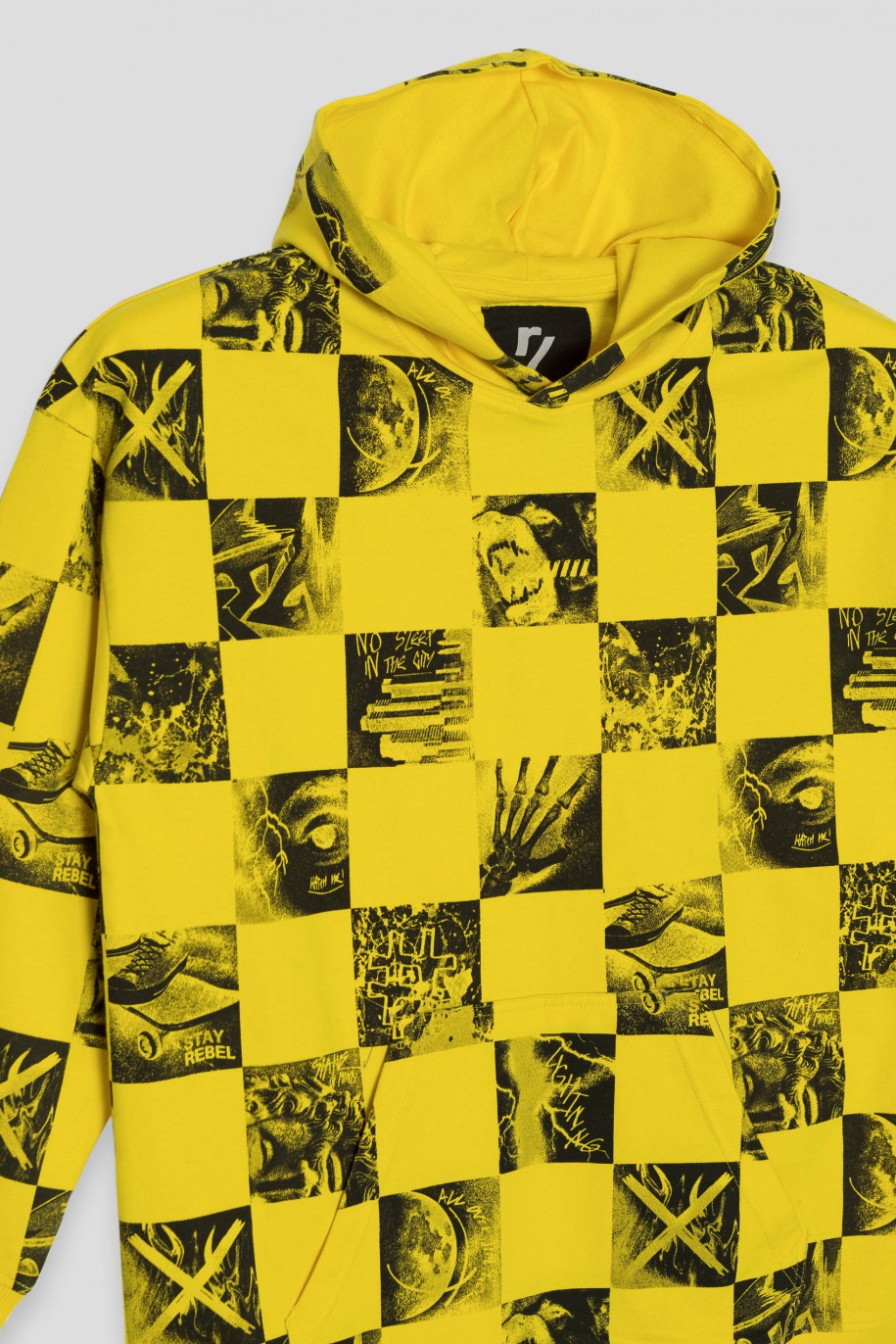 Żółta bluza dresowa oversize z kapturem z motywem szachownicy - 41055