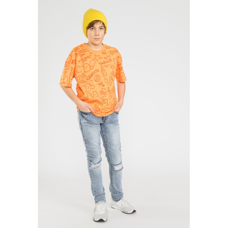 Wzorzysty pomarańczowy t-shirt oversize MARKER - 41273