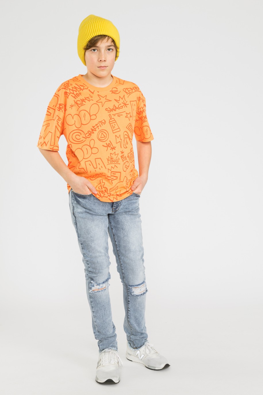 Wzorzysty pomarańczowy t-shirt oversize MARKER - 41273
