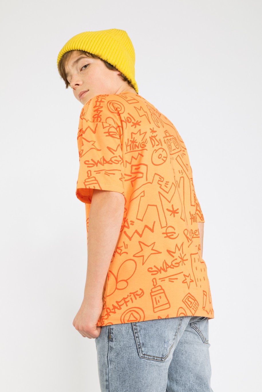 Wzorzysty pomarańczowy t-shirt oversize MARKER - 41274