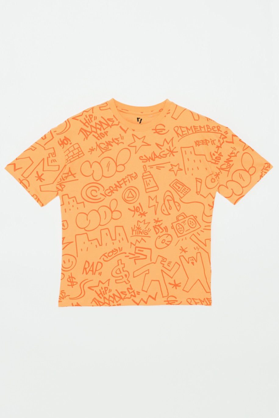 Wzorzysty pomarańczowy t-shirt oversize MARKER - 41277