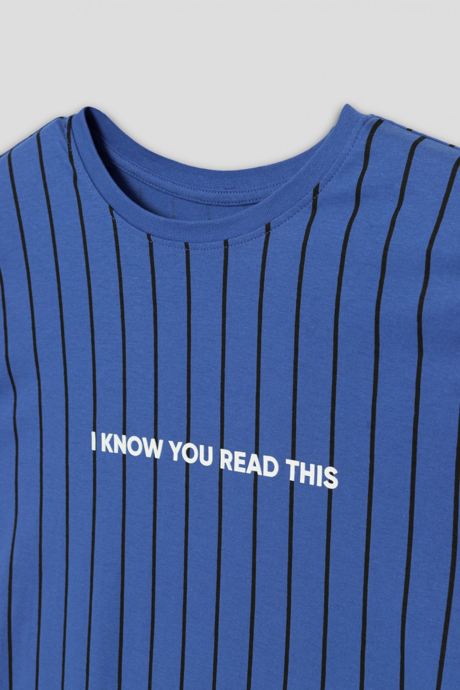 Niebieski t-shirt w paski I KNOW YOU READ THIS - 41353