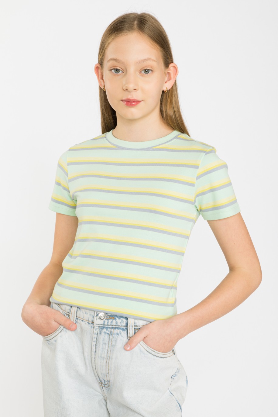 Zielony pastelowy t-shirt w paski - 41674