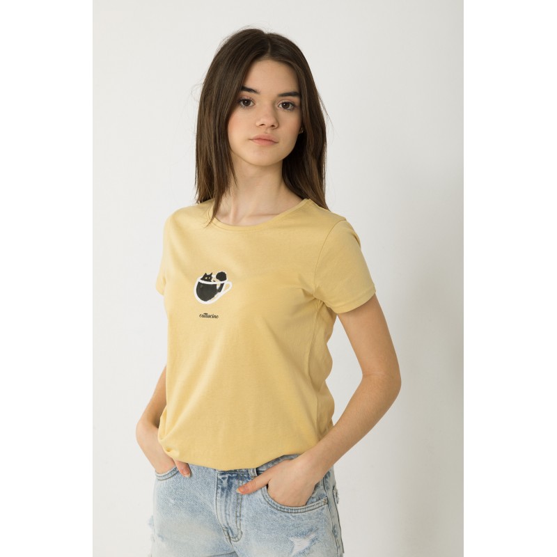 Żółty T-shirt z nadrukiem z kotem - 42056