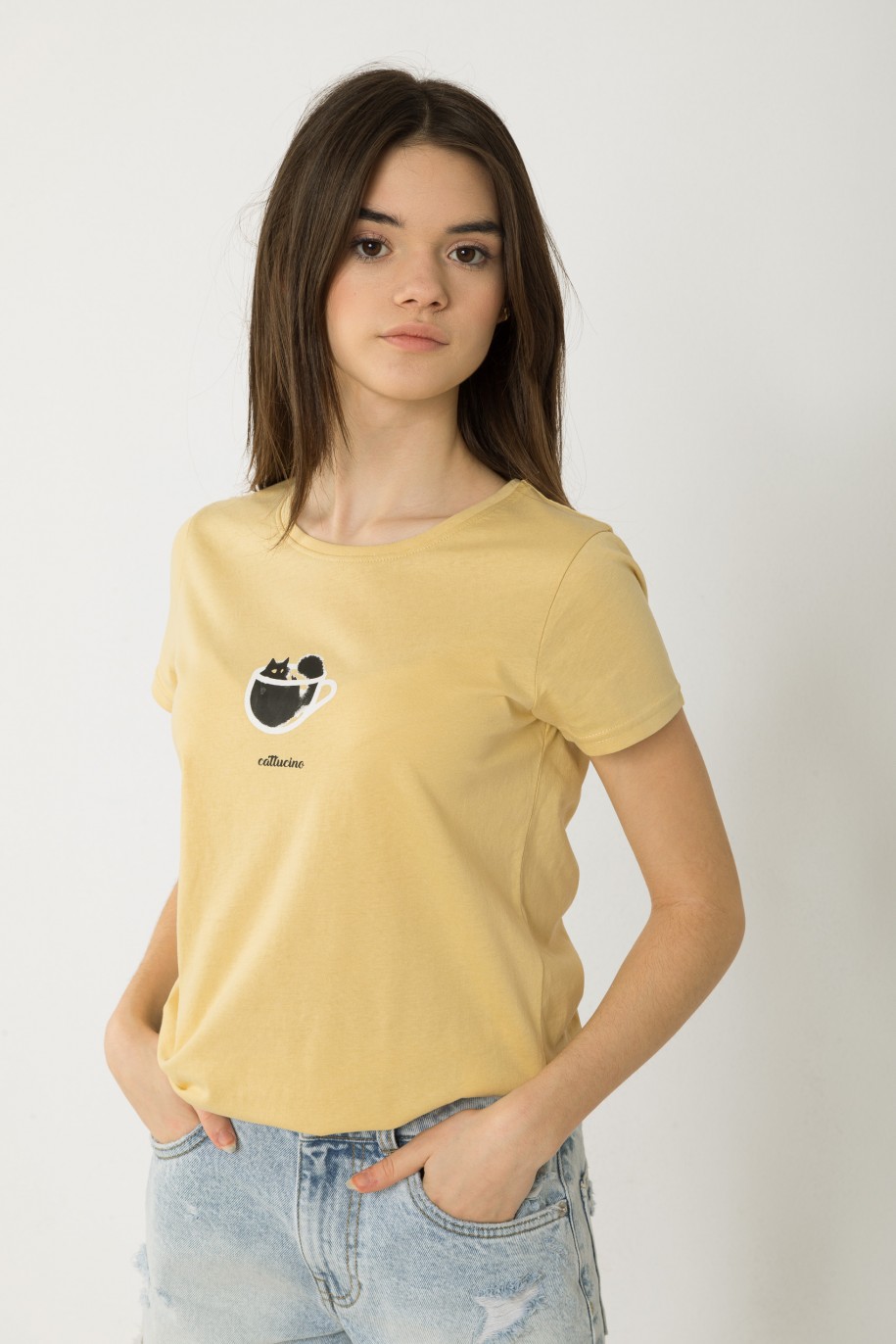 Żółty T-shirt z nadrukiem z kotem - 42056
