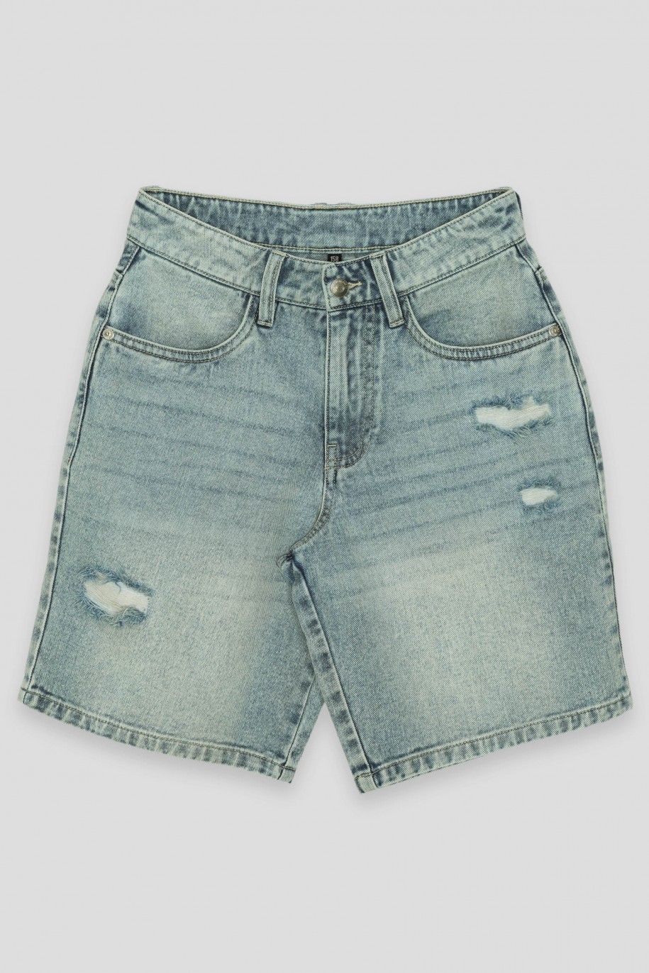 Niebieskie krótkie jeansowe spodenki z przetarciami - 42171