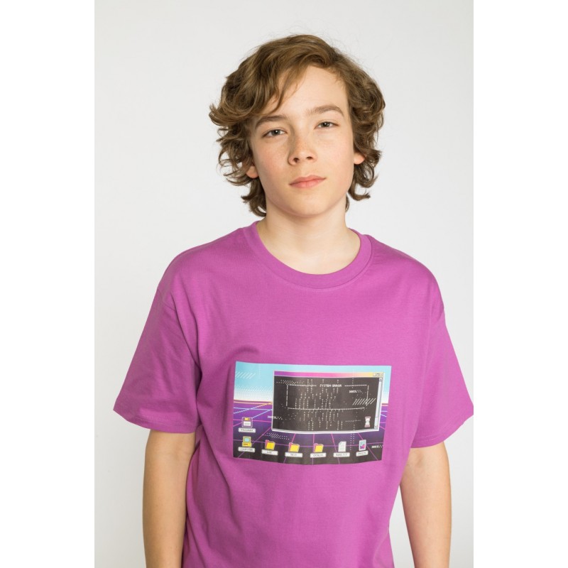 Fioletowy T-shirt oversize z nadrukiem - 42206