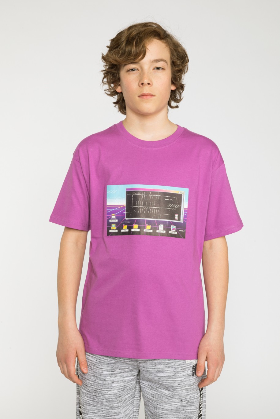 Fioletowy T-shirt oversize z nadrukiem - 42209