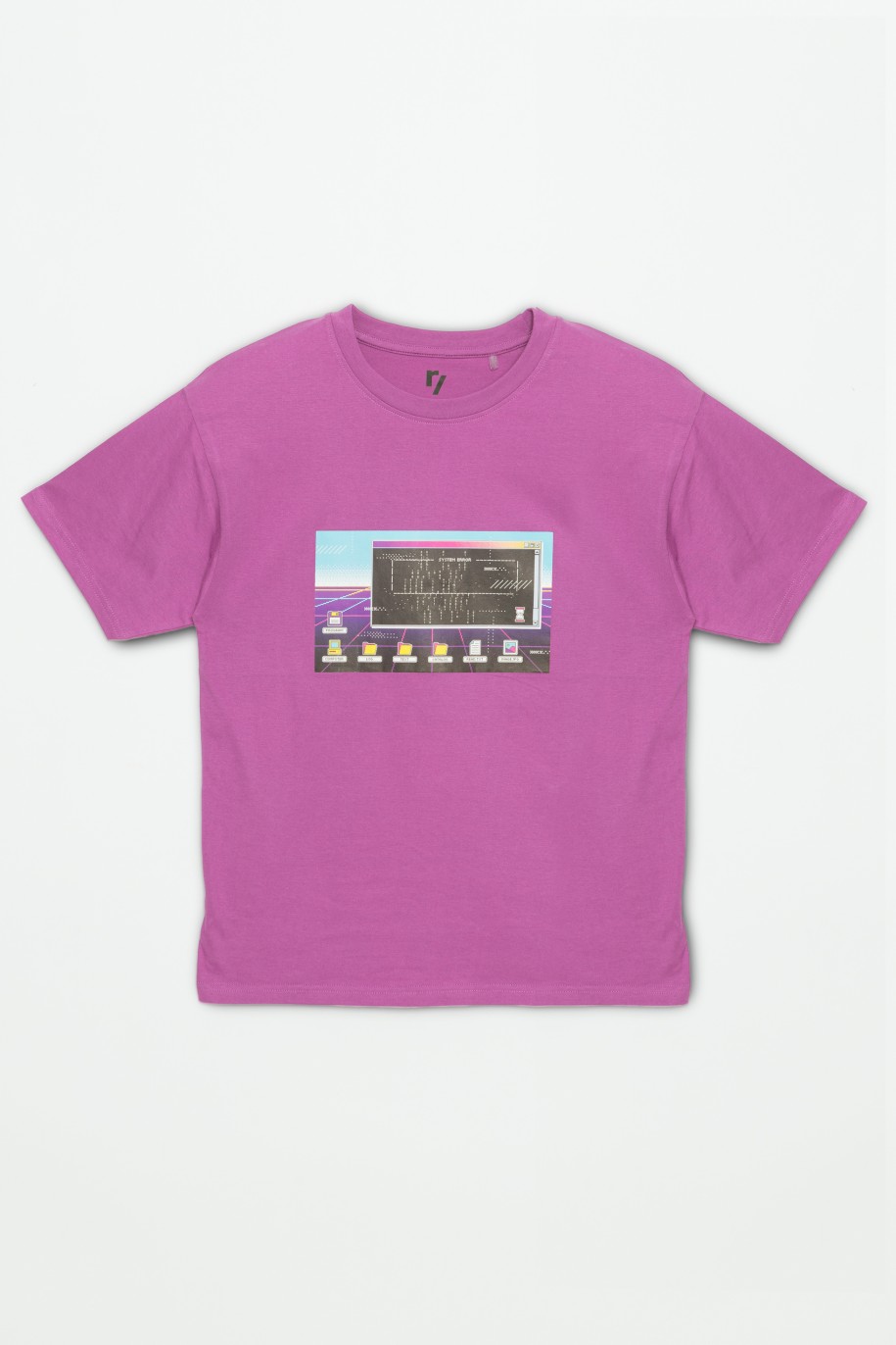 Fioletowy T-shirt oversize z nadrukiem - 42210