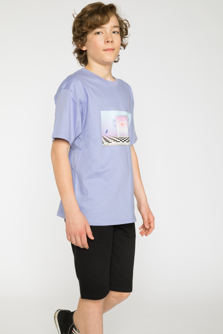 Liliowy T-shirt oversize z nadrukiem - 42212