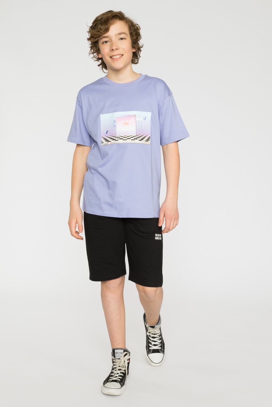 Liliowy T-shirt oversize z nadrukiem - 42214