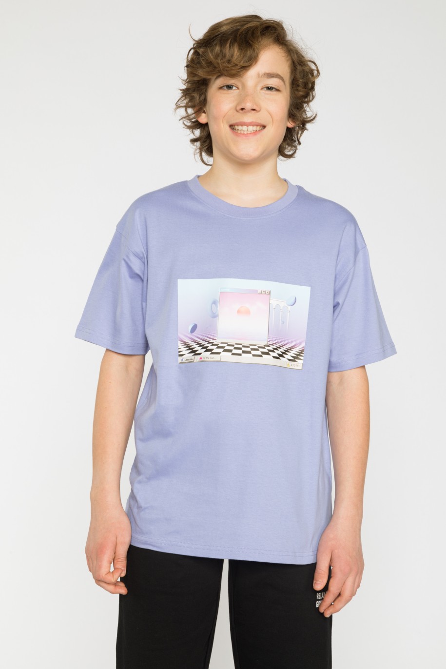 Liliowy T-shirt oversize z nadrukiem - 42215