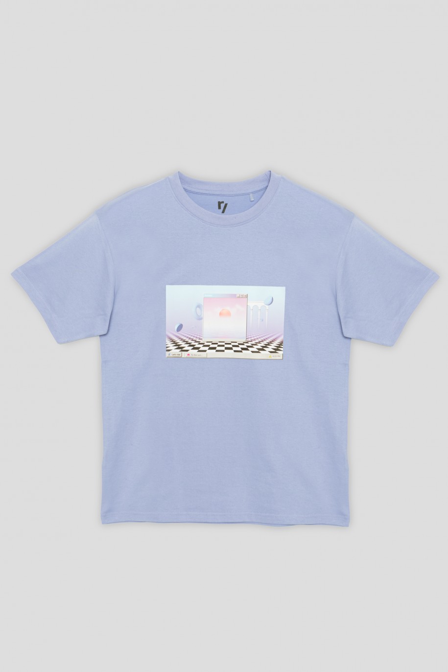 Liliowy T-shirt oversize z nadrukiem - 42216