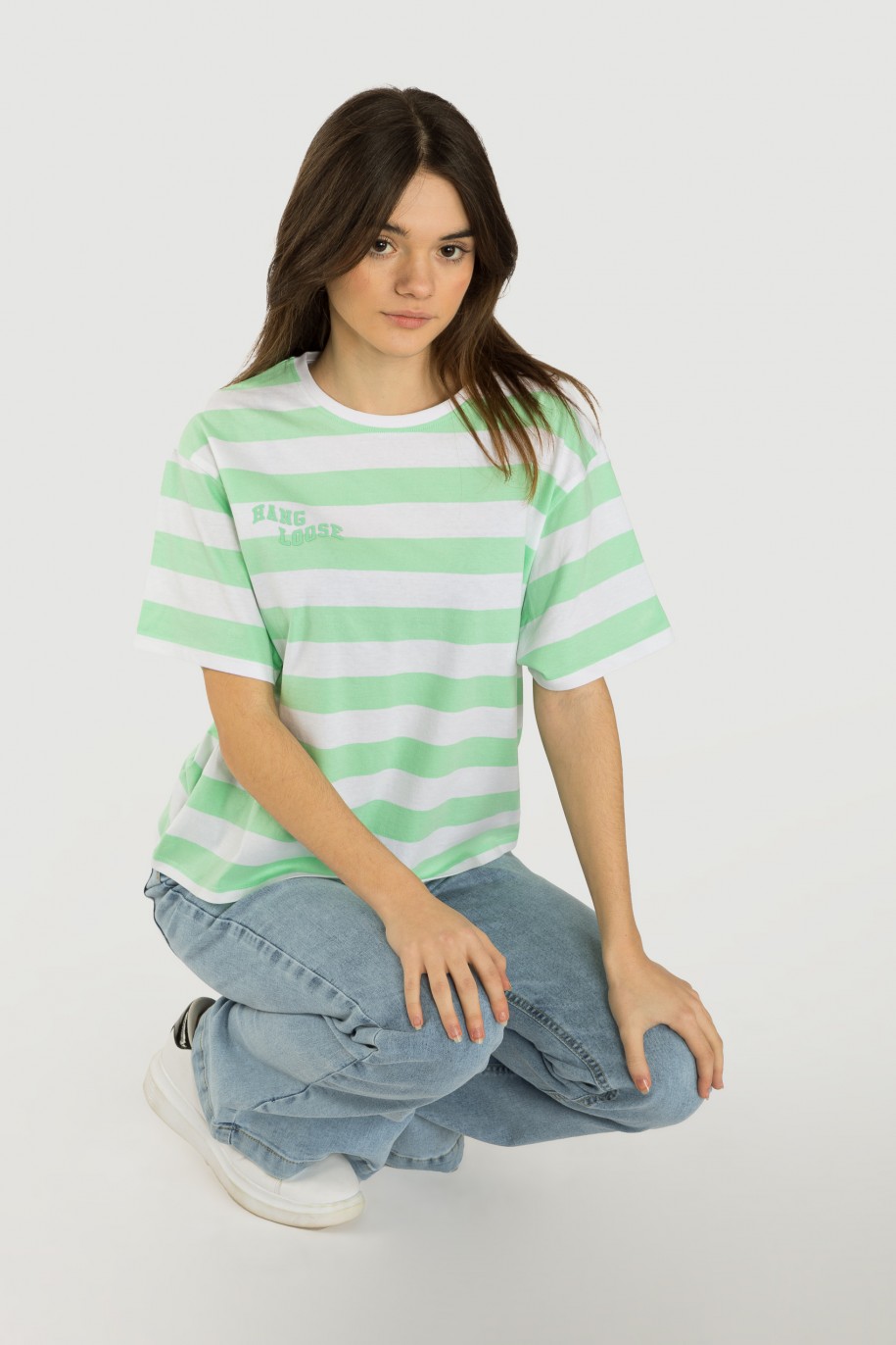 T-shirt w zielono-białe pasy - 42276