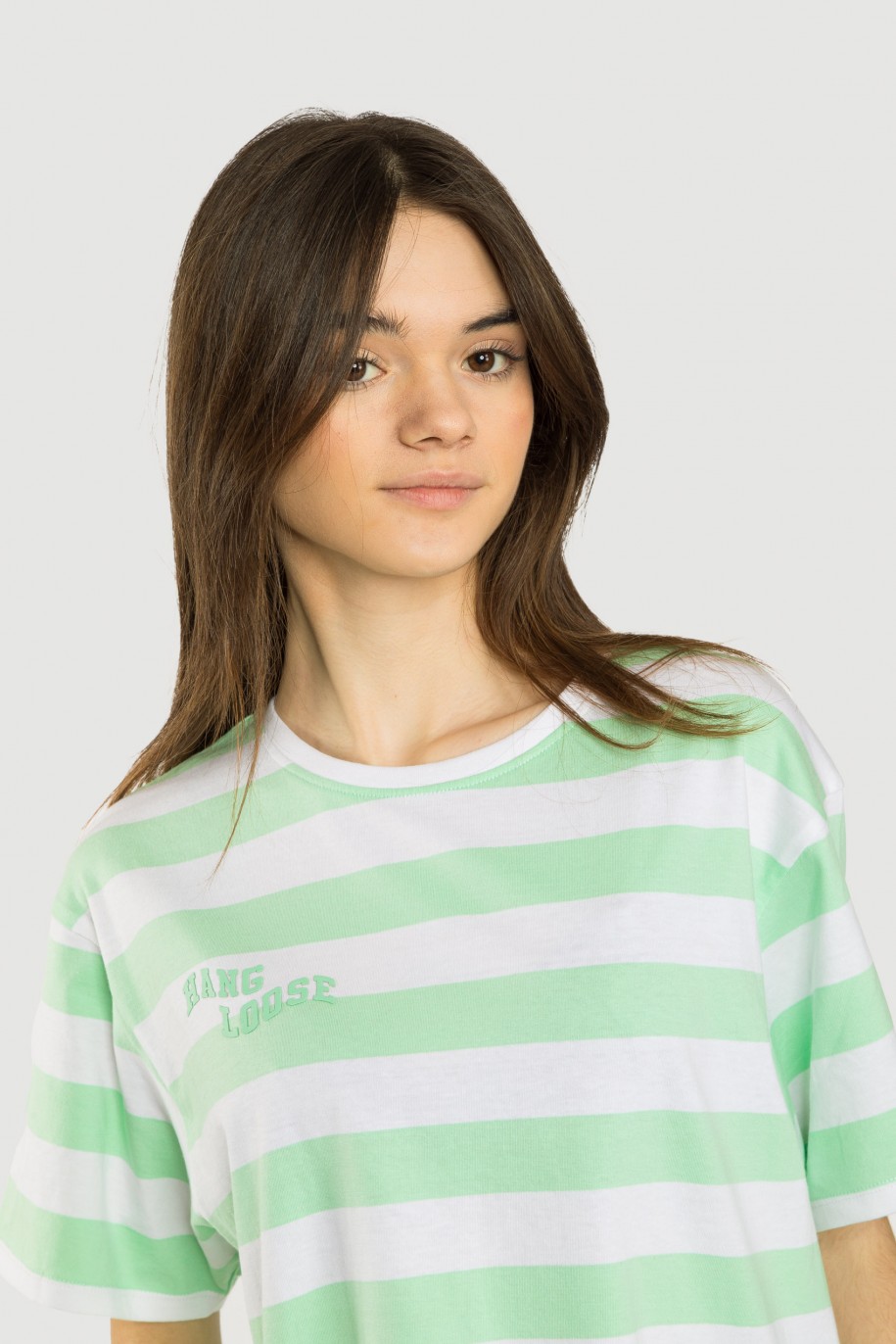 T-shirt w zielono-białe pasy - 42278