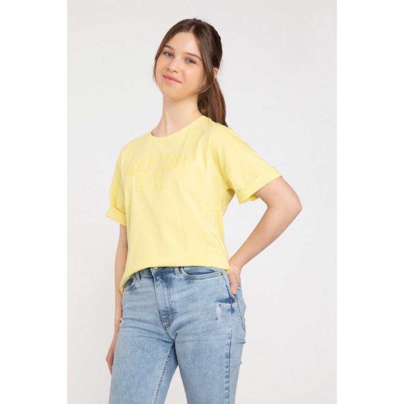 Żółty T-shirt z ozdobnym nadrukiem - 42553