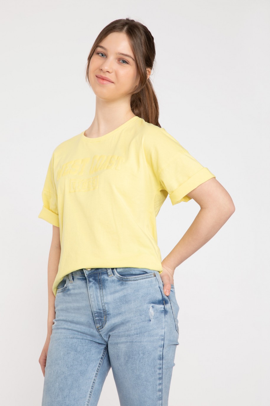 Żółty T-shirt z ozdobnym nadrukiem - 42553