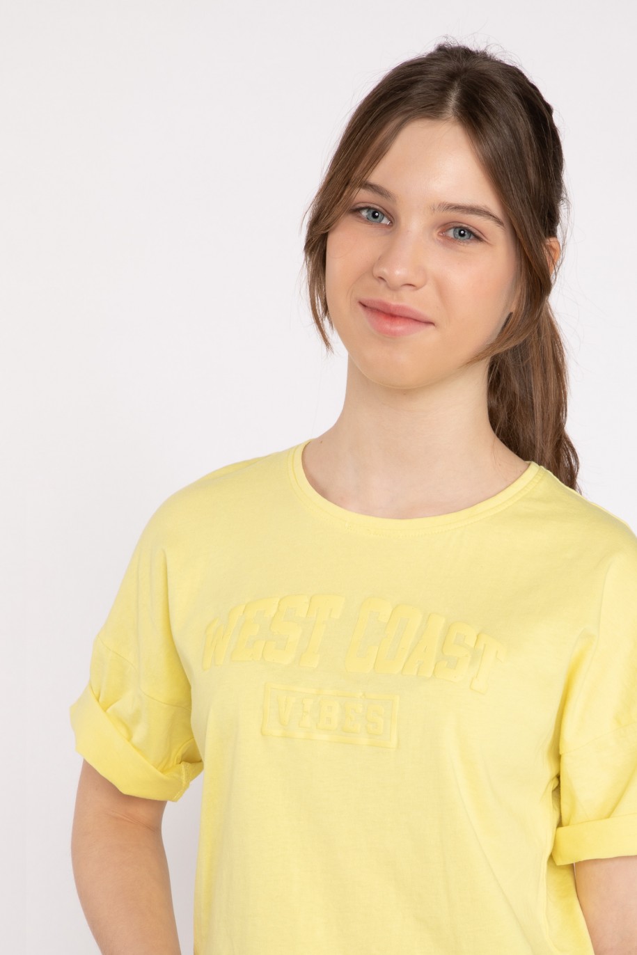 Żółty T-shirt z ozdobnym nadrukiem - 42554