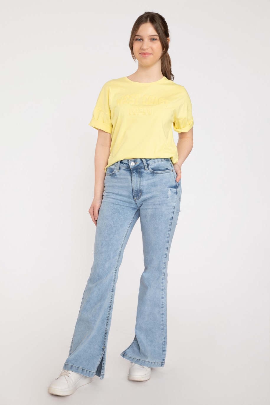 Żółty T-shirt z ozdobnym nadrukiem - 42556
