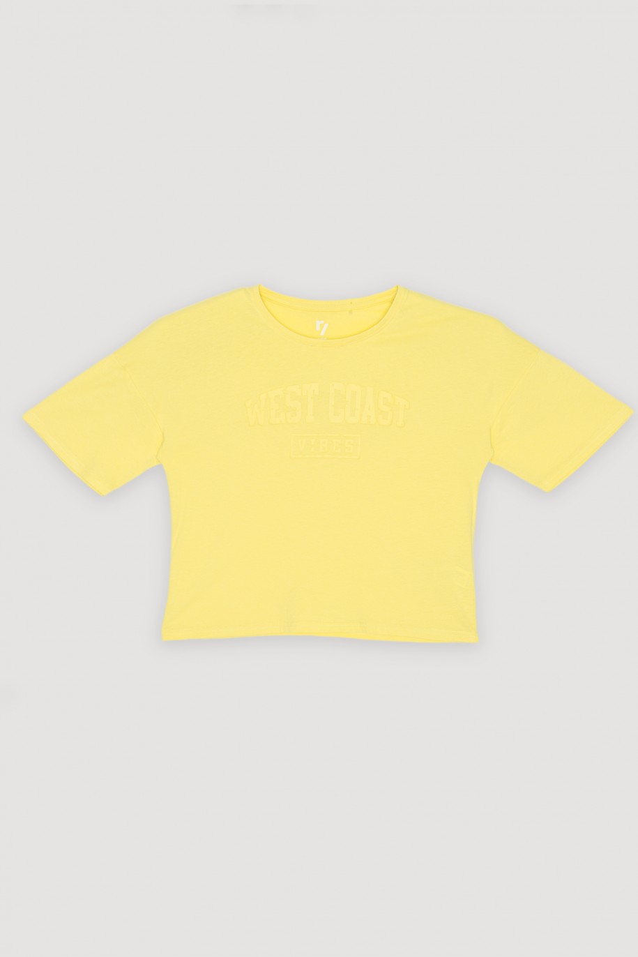 Żółty T-shirt z ozdobnym nadrukiem - 42557