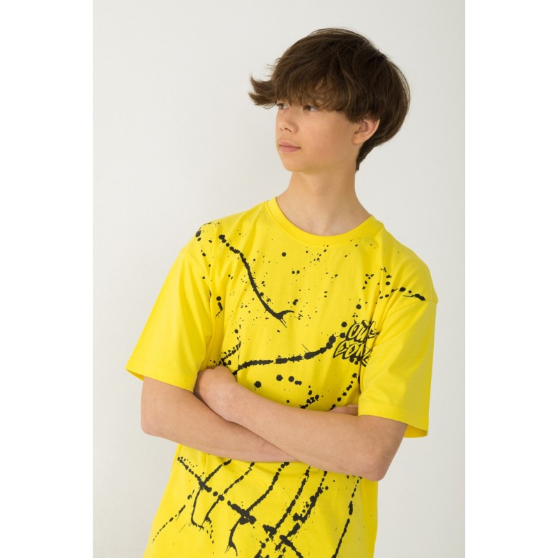 Żółty T-shirt ovsersize z nadrukiem farby - 42658