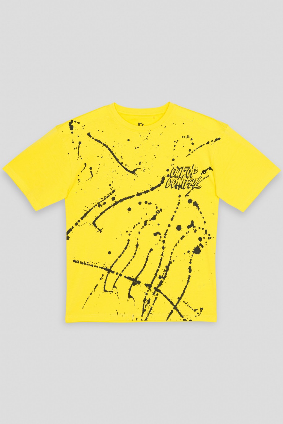 Żółty T-shirt ovsersize z nadrukiem farby - 42662