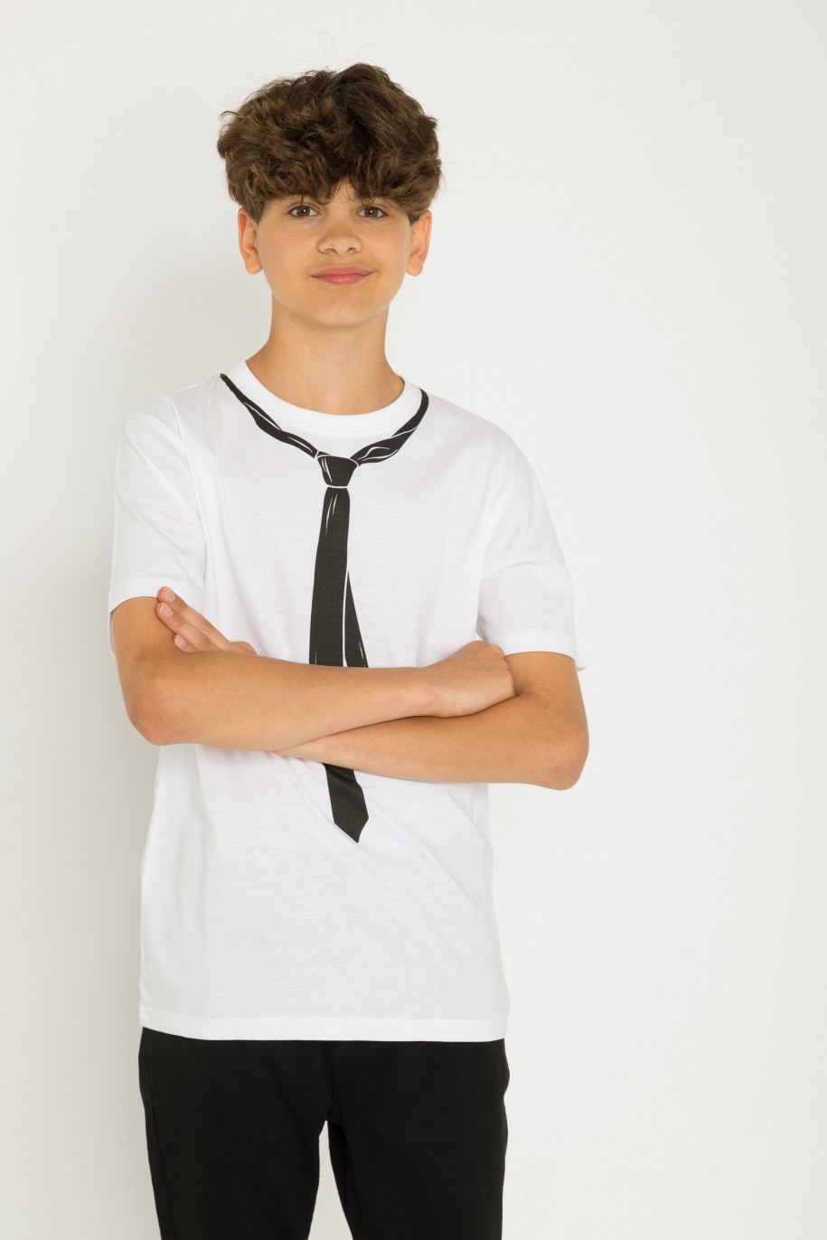 Biały T-shirt z nadrukiem z krawatem - 42870