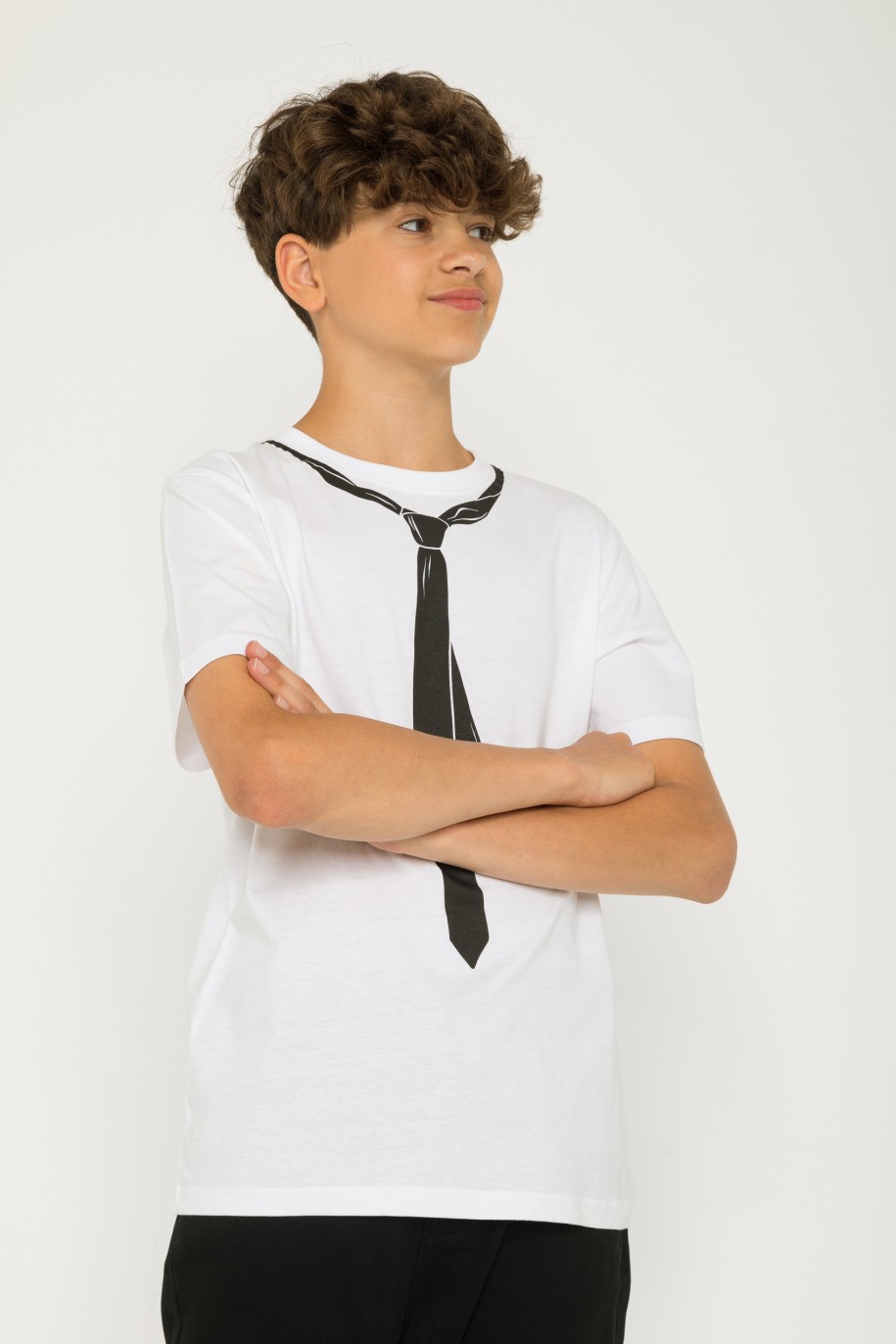 Biały T-shirt z nadrukiem z krawatem - 42871