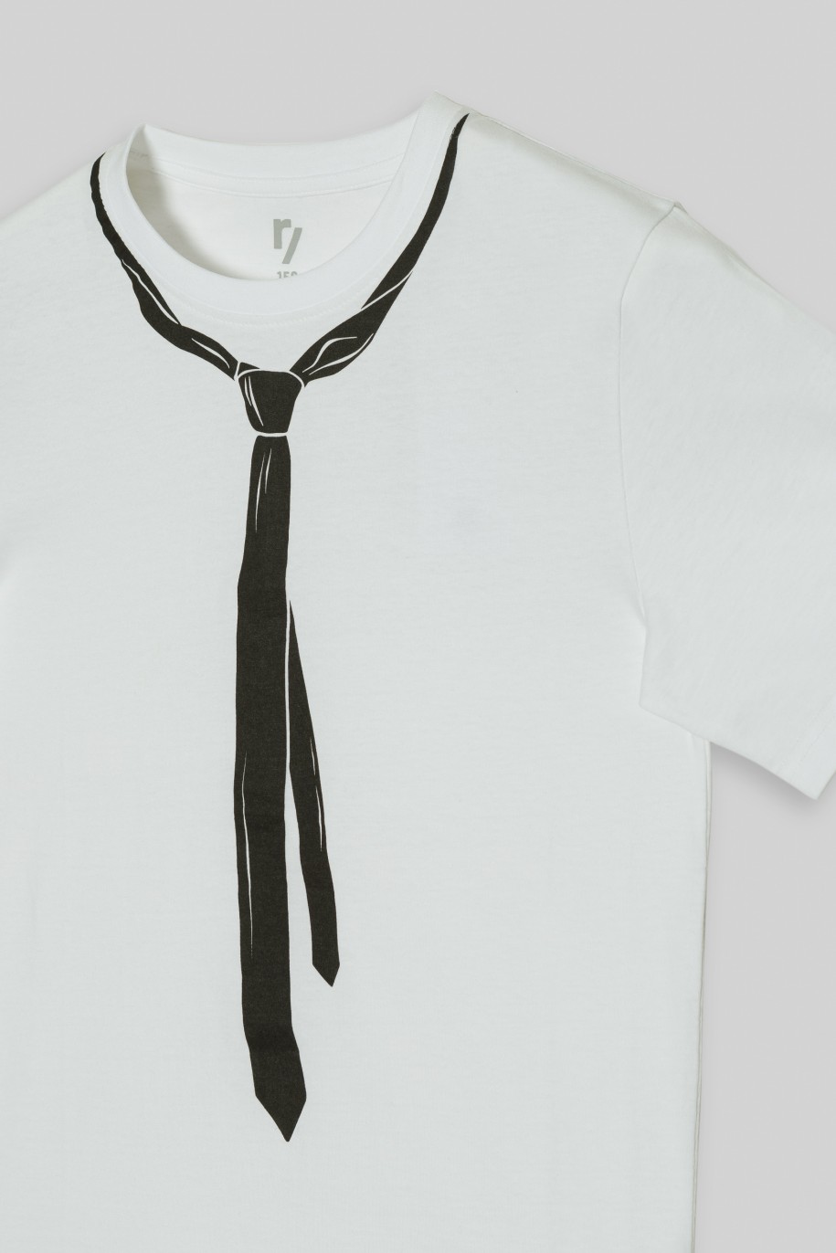 Biały T-shirt z nadrukiem z krawatem - 42873