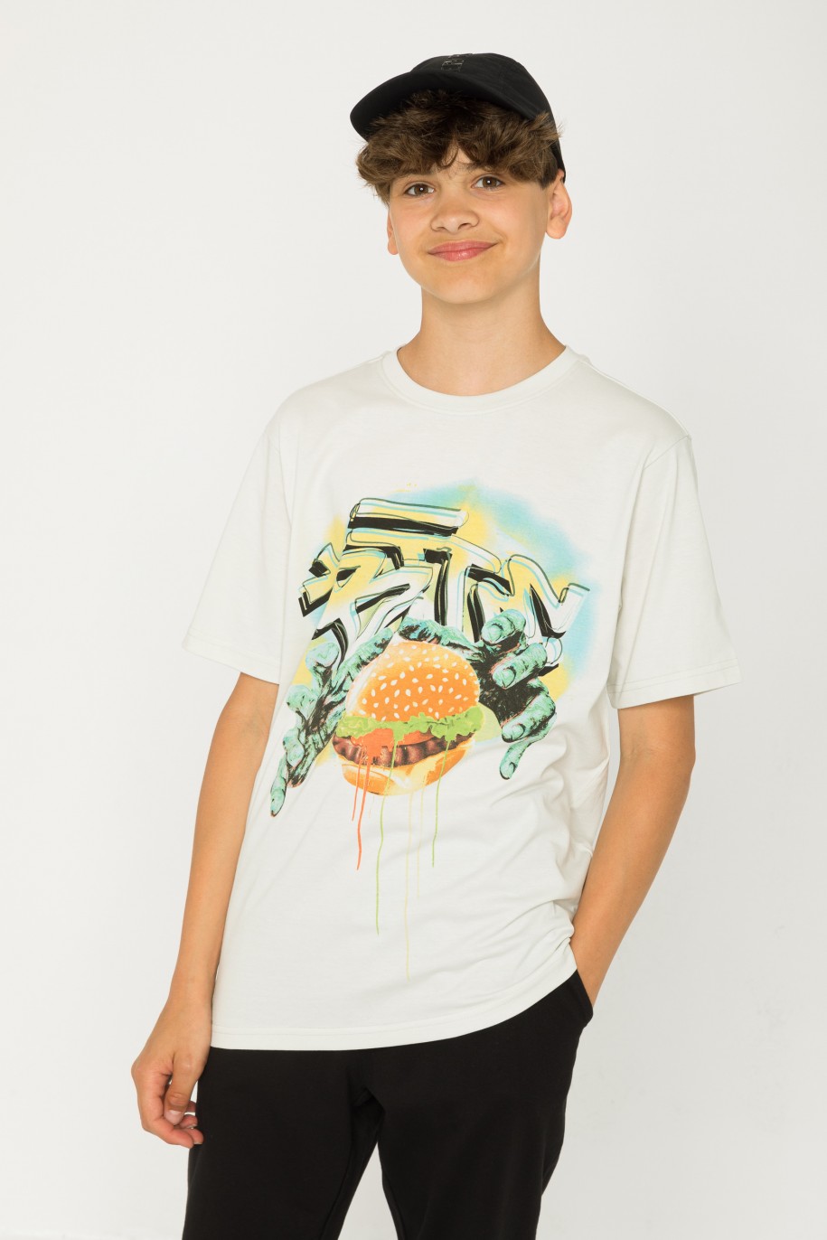 Beżowy T-shirt z nadrukiem graffiti - 43063