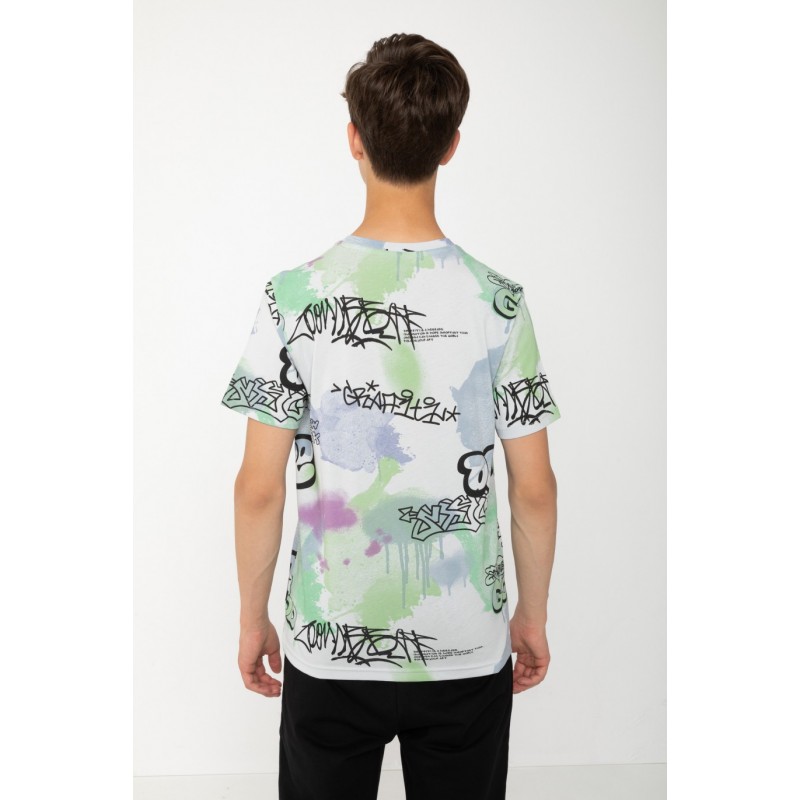 Wielobarwny T-shirt z nadrukami graffiti - 43101