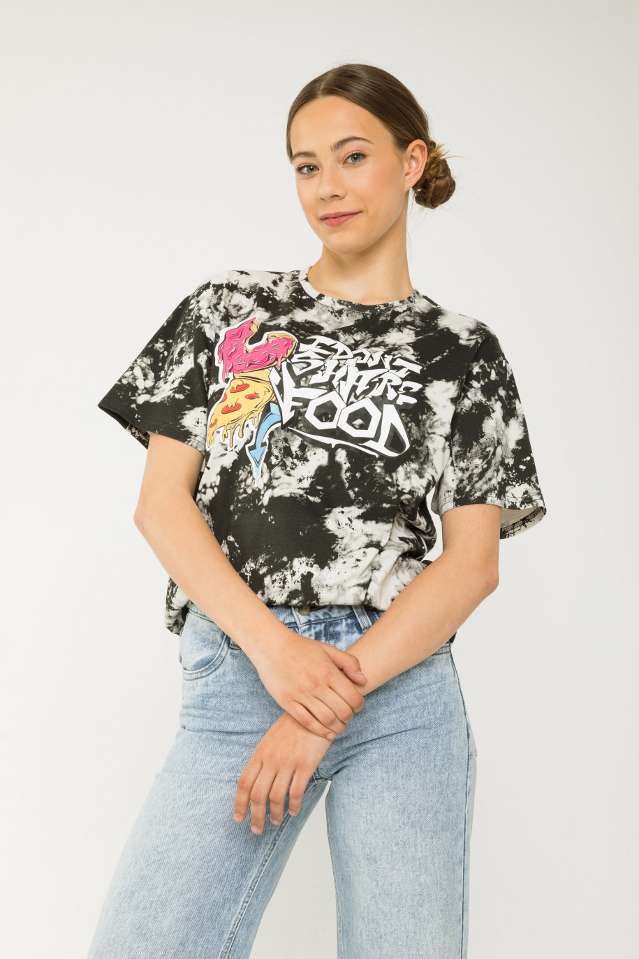 Czarny T-shirt oversize z nadrukiem tie dye i graffiti - 43150