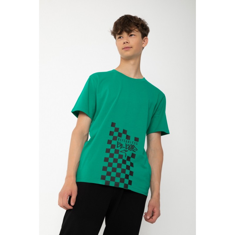 Zielony T-shirt z nadrukiem szachownicy - 43215
