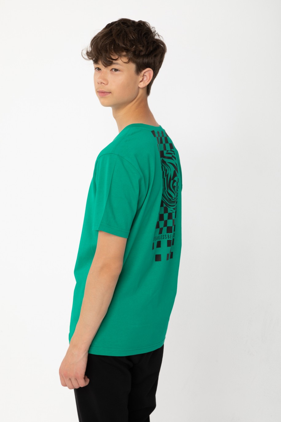 Zielony T-shirt z nadrukiem szachownicy - 43217