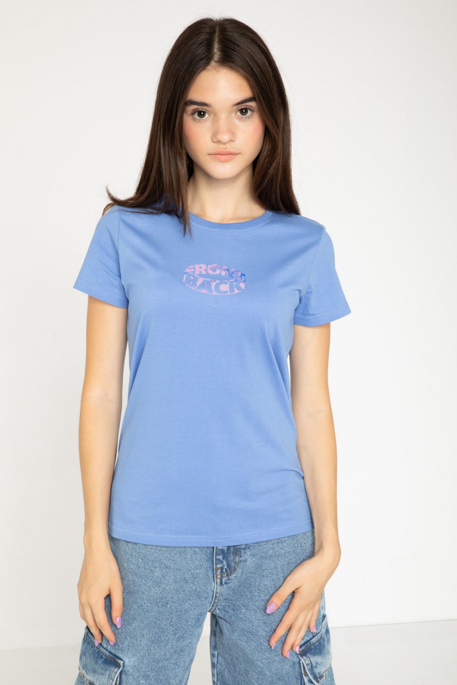 Niebieski T-shirt z błyszczącym nadrukiem - 43373