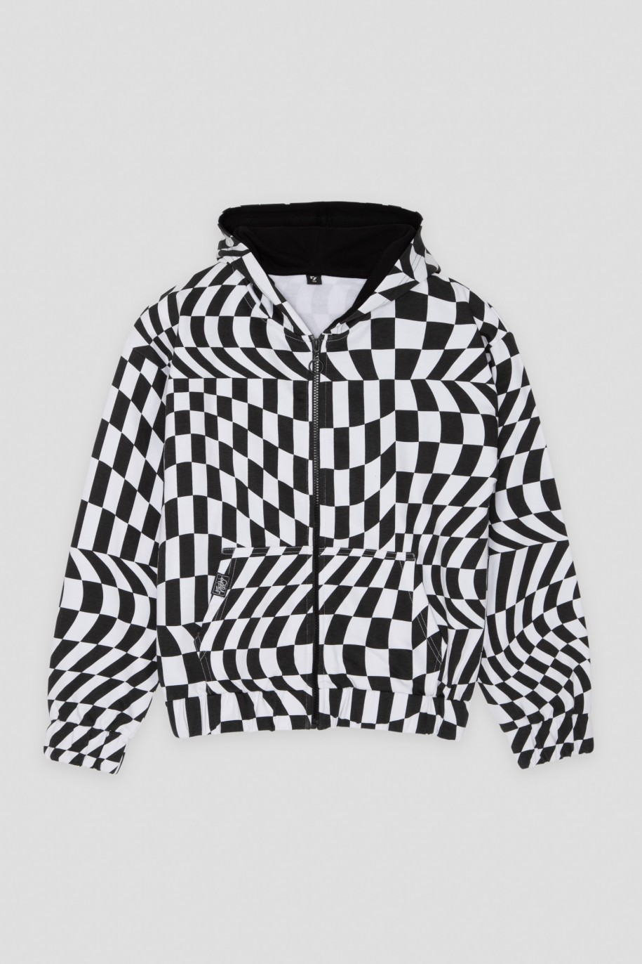 Czarno-biała rozpinana bluza dresowa z motywem szachownicy - 44495