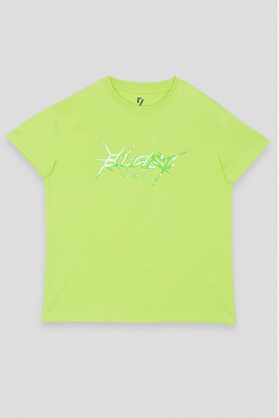 Limonkowy T-shirt z błyszczącym nadrukiem - 44659
