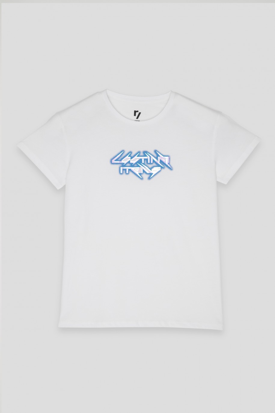 Kremowy T-shirt z błyszczącym nadrukiem - 44714