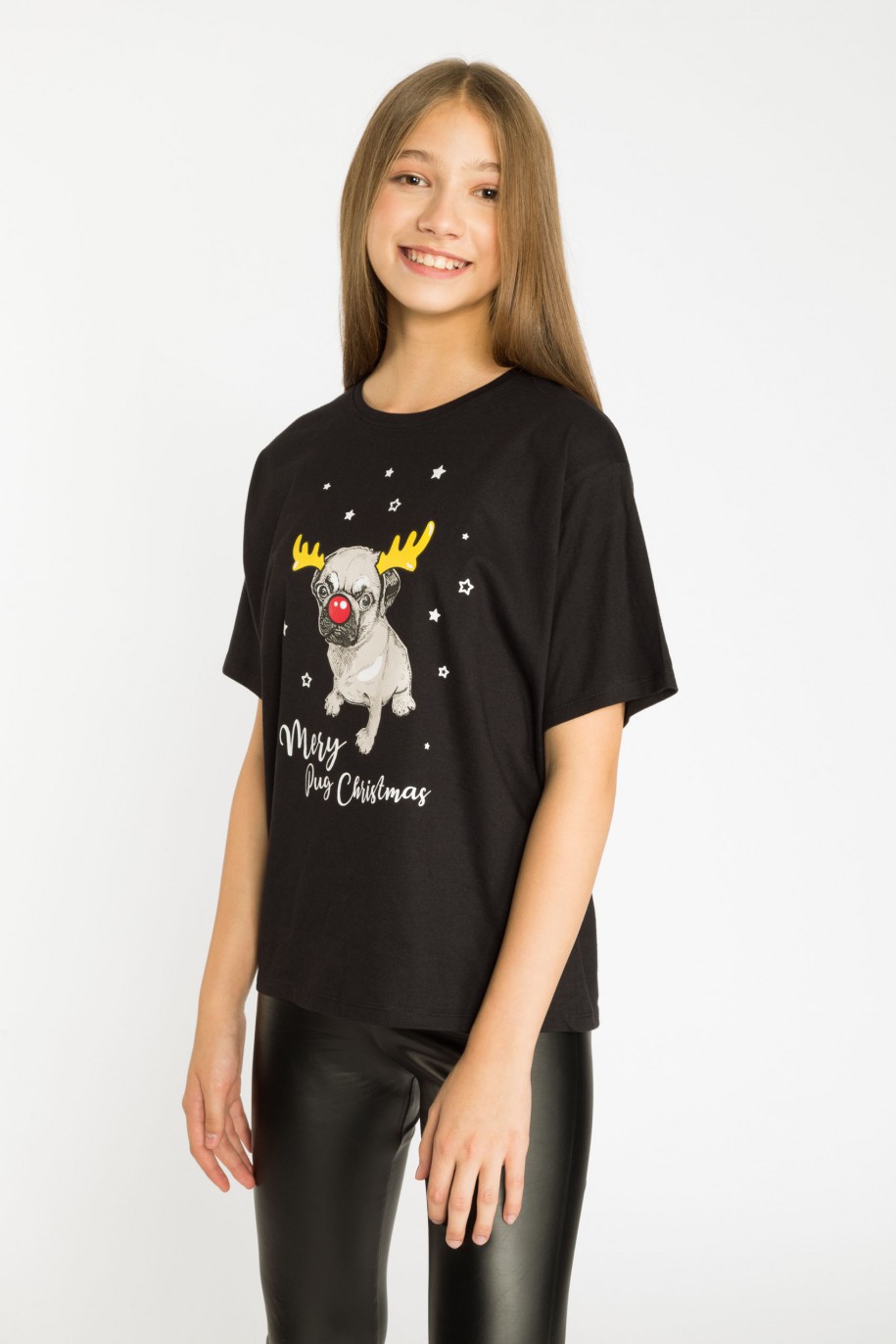 Czarny świąteczny T-shirt z nadrukiem - 44935