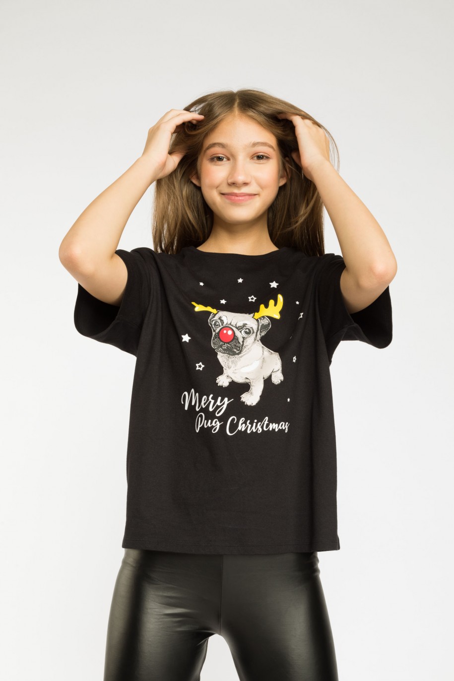 Czarny świąteczny T-shirt z nadrukiem - 44936