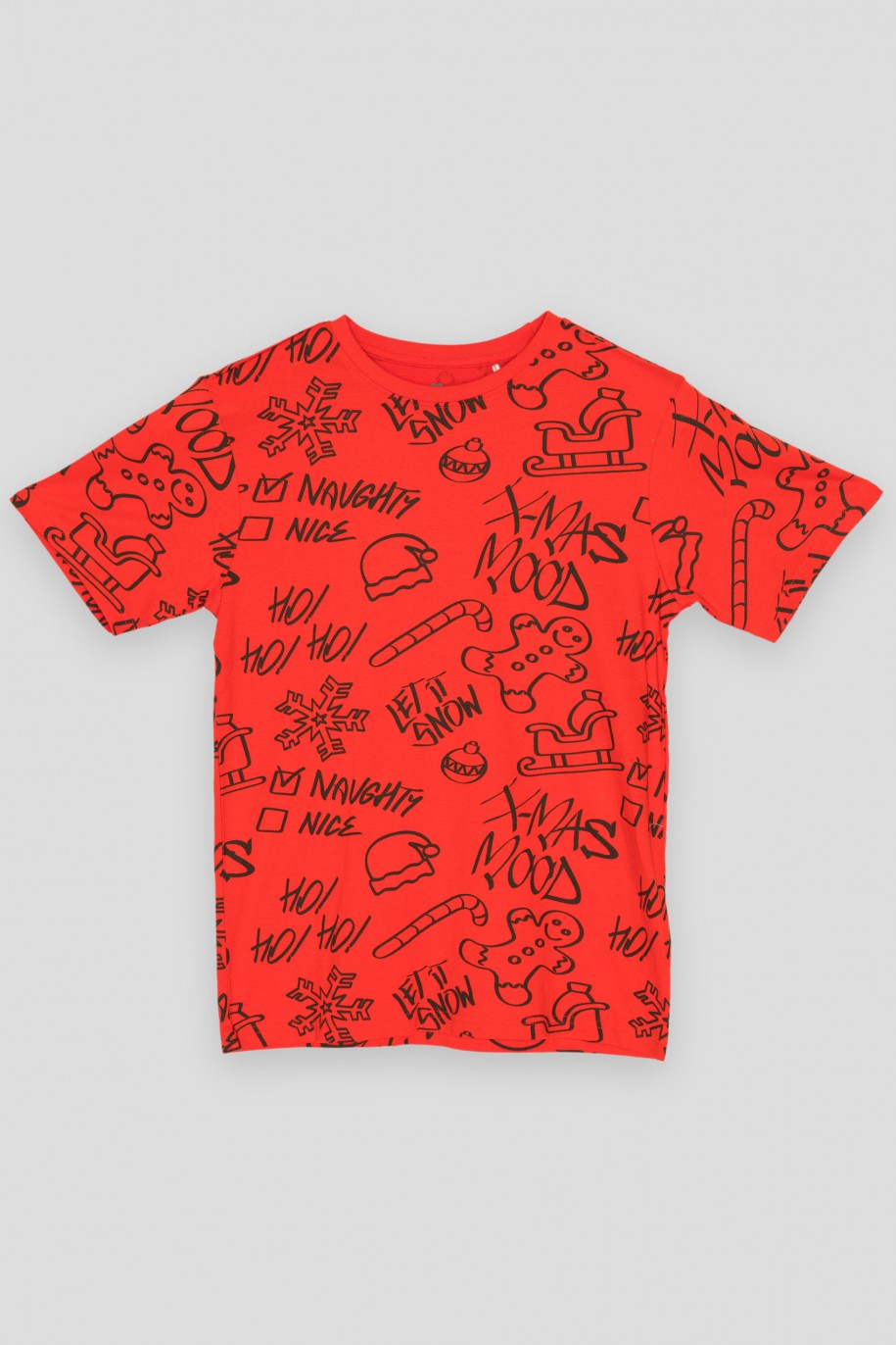 Czerwony T-shirt ze świątecznymi nadrukami - 45026